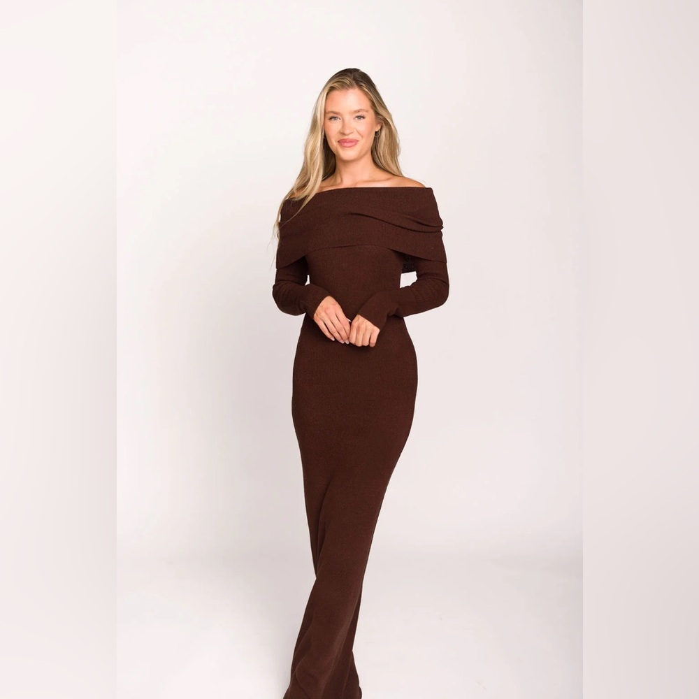 Winona Off-the-Shoulder Knit Maxi Dress in Espresso. Worth Collective
